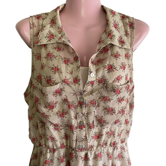 Freebird Dress Womens Large Beige Pink Floral Sleeveless Button Front Lined - Picture 3 of 6